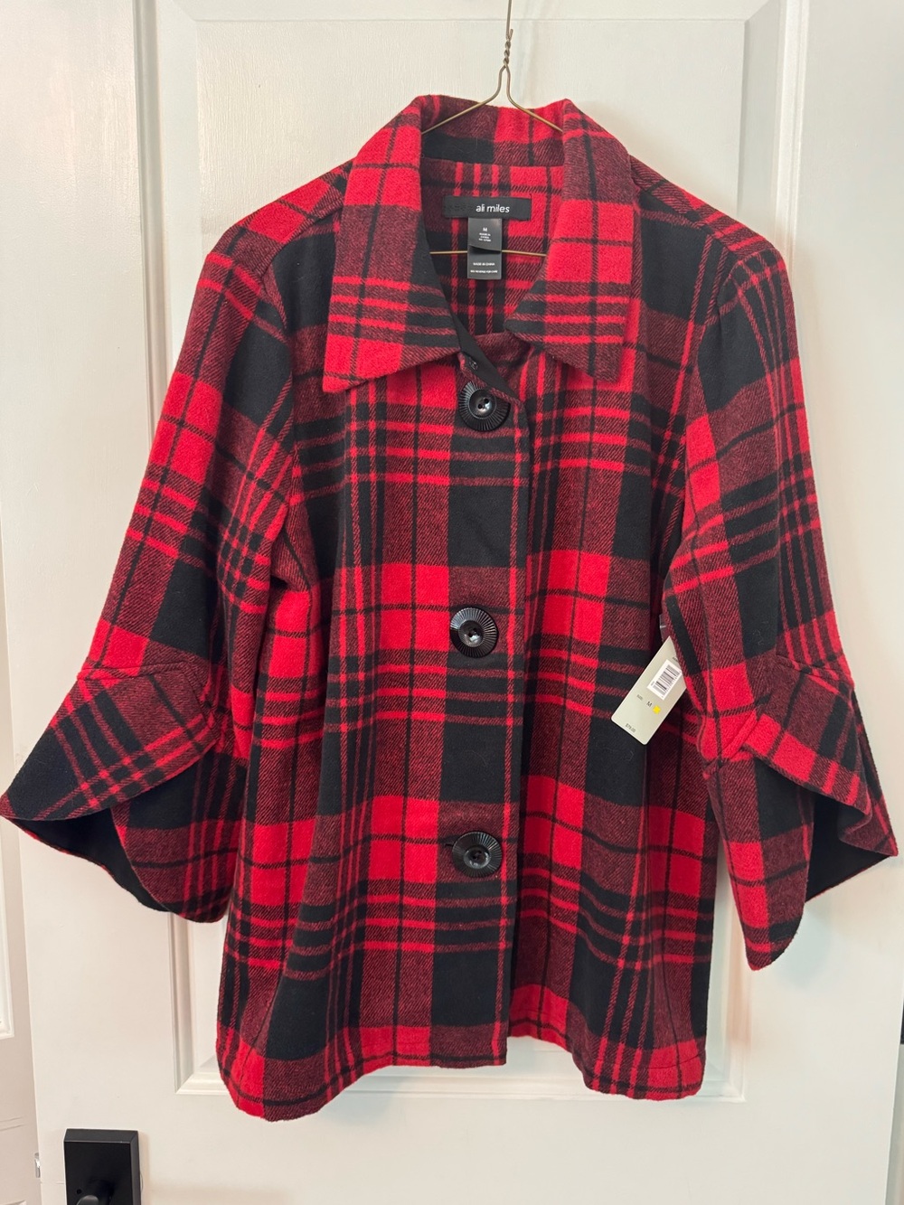 Ali Miles Red & Black Plaid Button-Front Cape Jacket